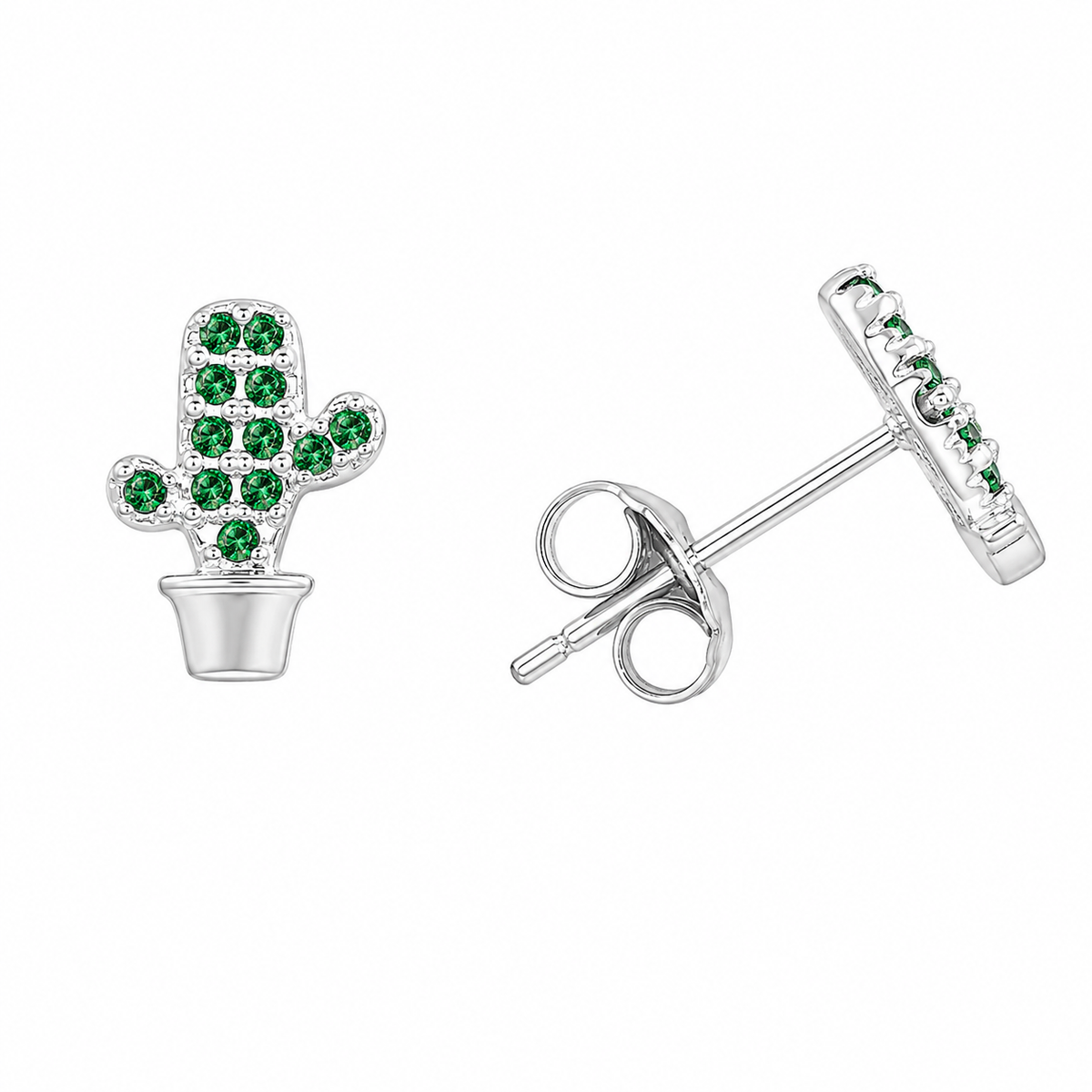 Sterling Silver Cactus Plant Green CZ Nature Cute Stud Earrings
