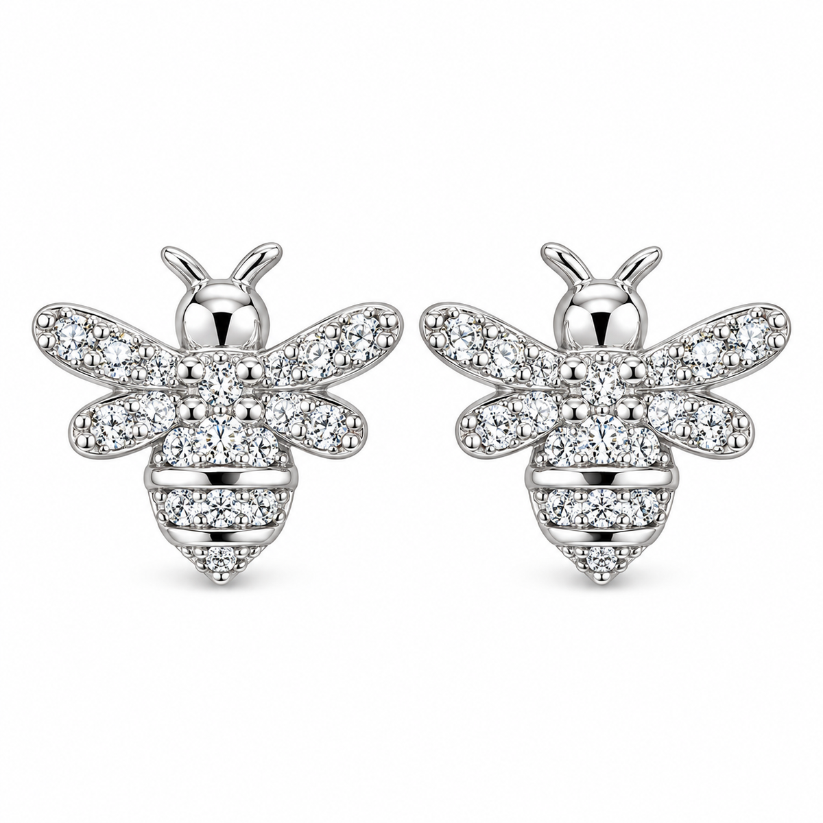 Sterling Silver Bubble Bee Honey Clear CZ Stud Animal Earrings