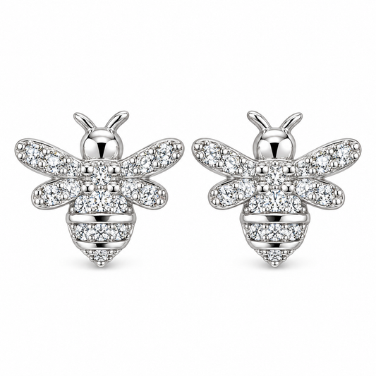 Sterling Silver Bubble Bee Honey Clear CZ Stud Animal Earrings