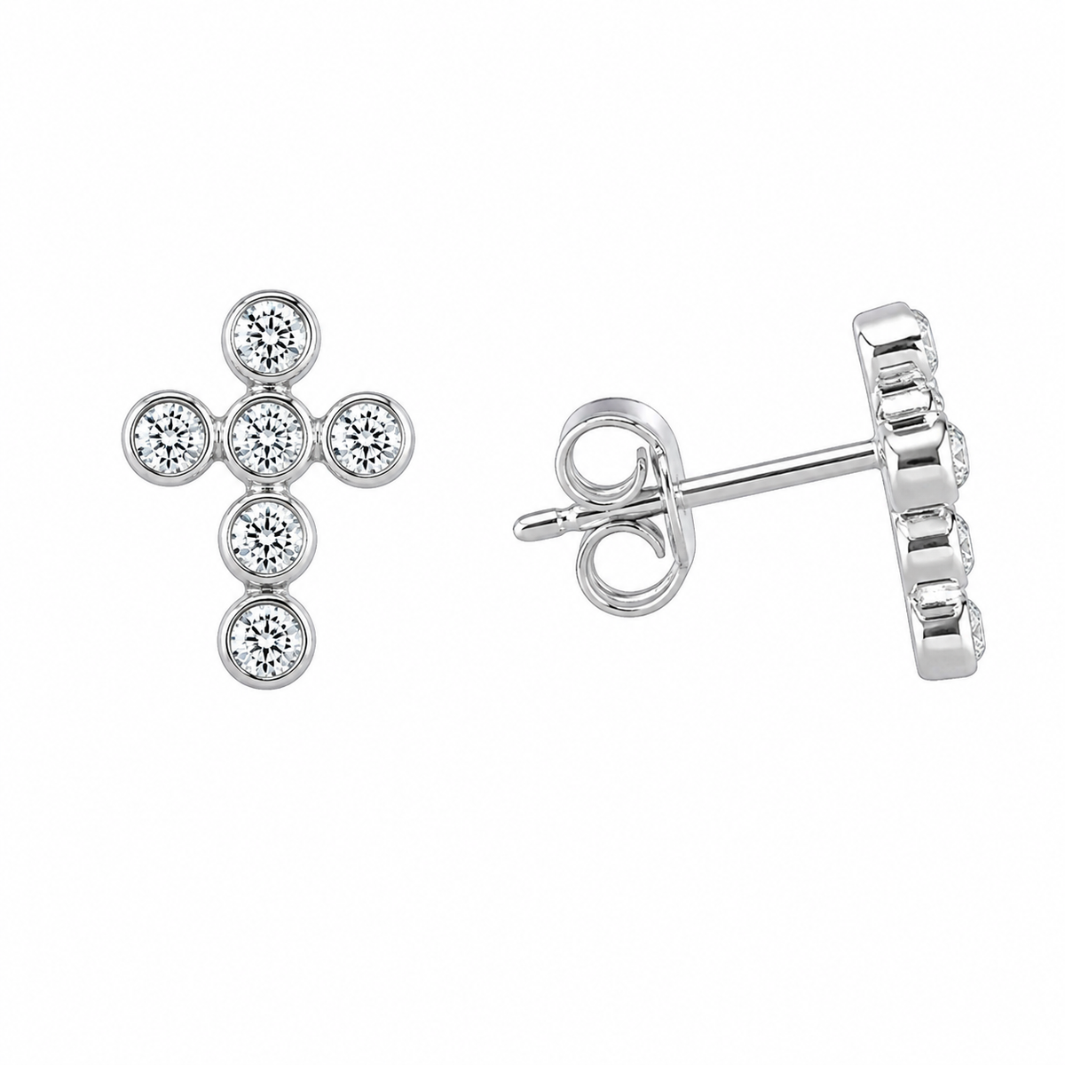 Sterling Silver Cross Christian Clear CZ Circle Stud Earrings