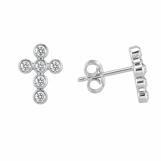 Sterling Silver Cross Christian Clear CZ Circle Stud Earrings