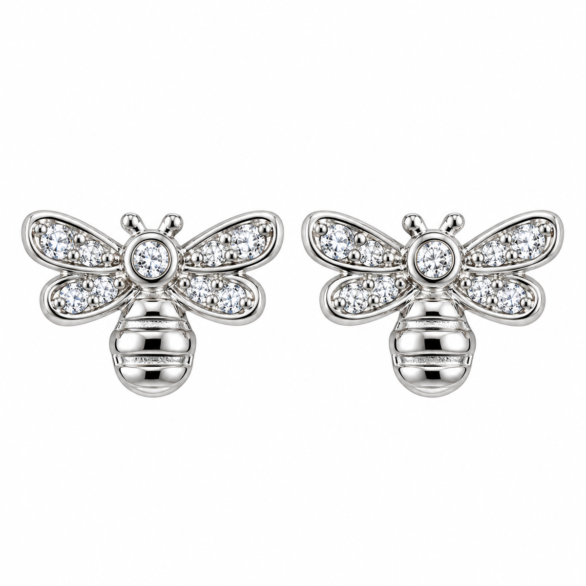 Sterling Silver Bubble Bee Honey Clear CZ Stud Animal Earrings