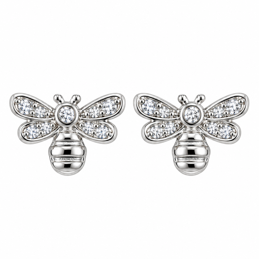 Sterling Silver Bubble Bee Honey Clear CZ Stud Animal Earrings