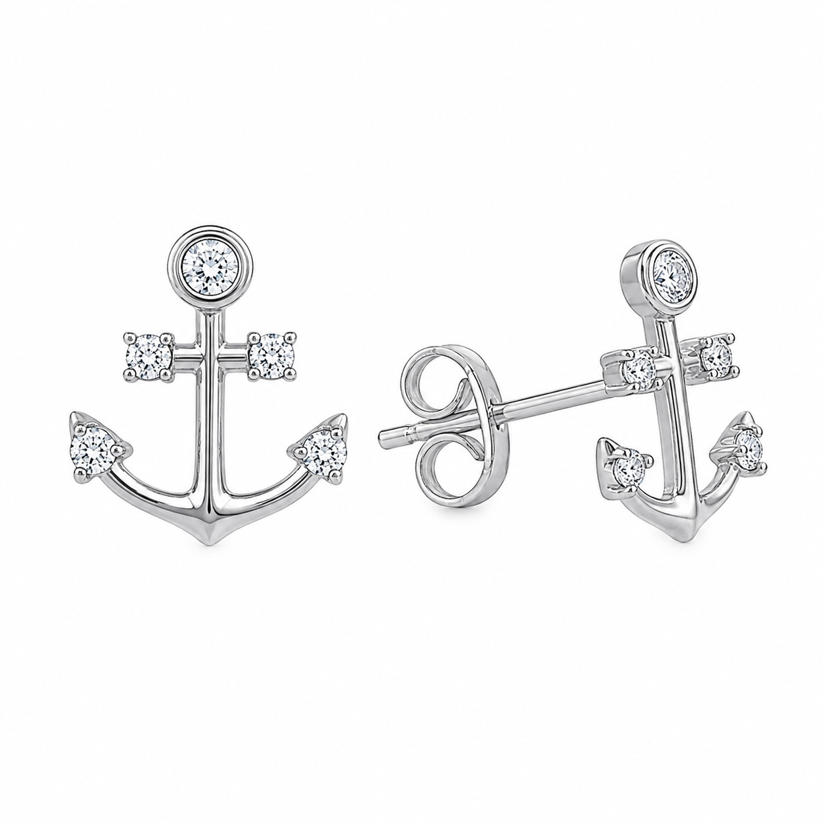 Sterling Silver Anchor Clear CZ Mariner Stud Earrings