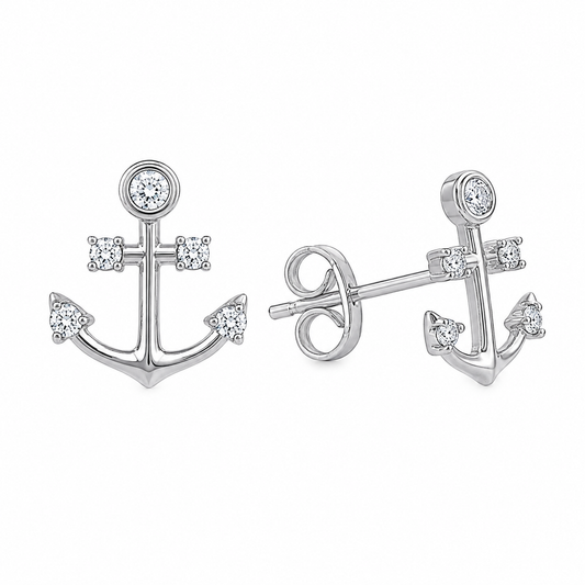 Sterling Silver Anchor Clear CZ Mariner Stud Earrings
