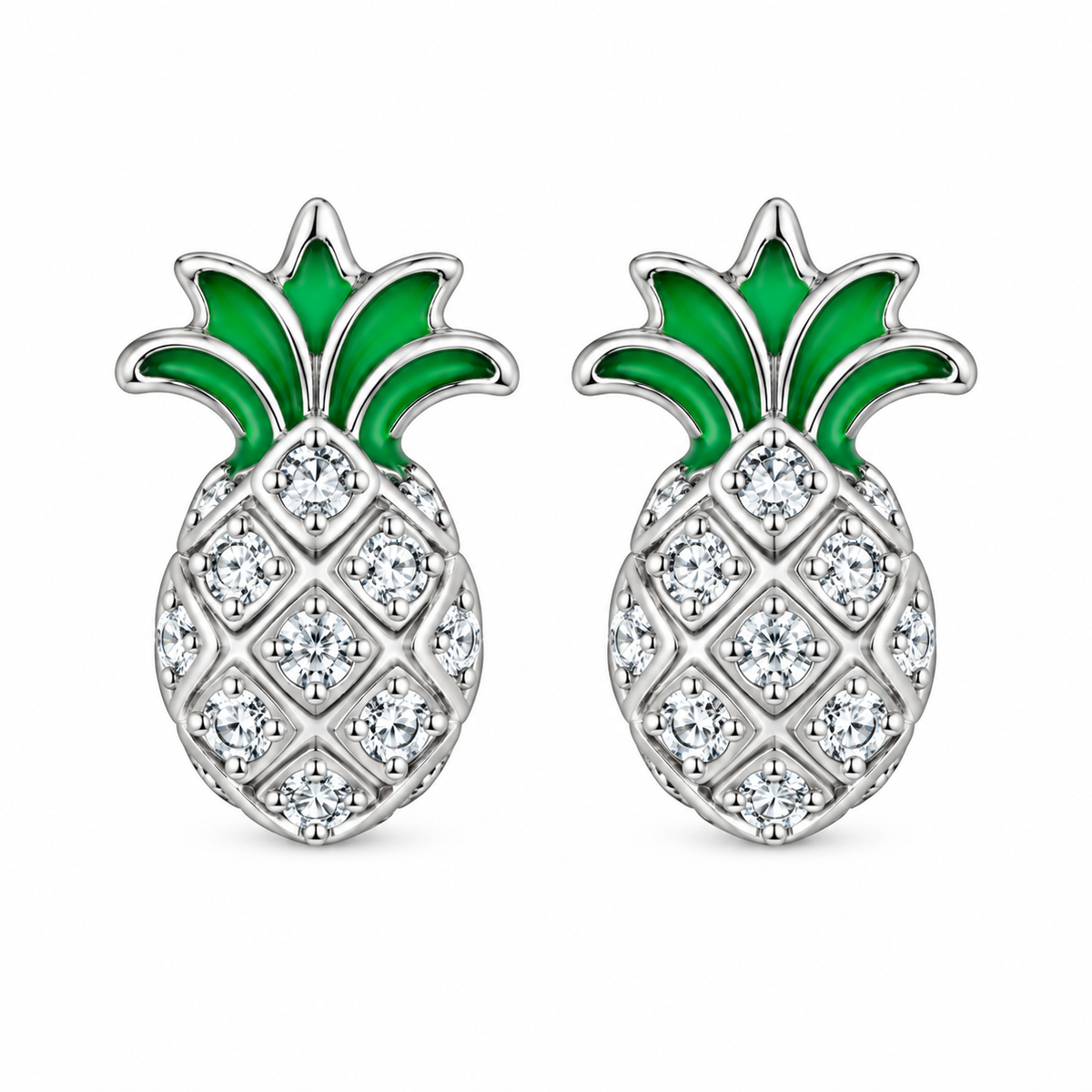 Sterling Silver Pineapple Fruit Green Highlight Clear CZ Bling Stud Earrings