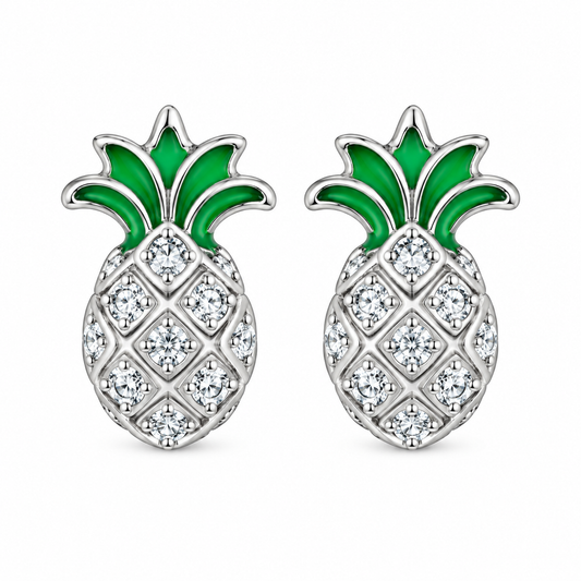 Sterling Silver Pineapple Fruit Green Highlight Clear CZ Bling Stud Earrings