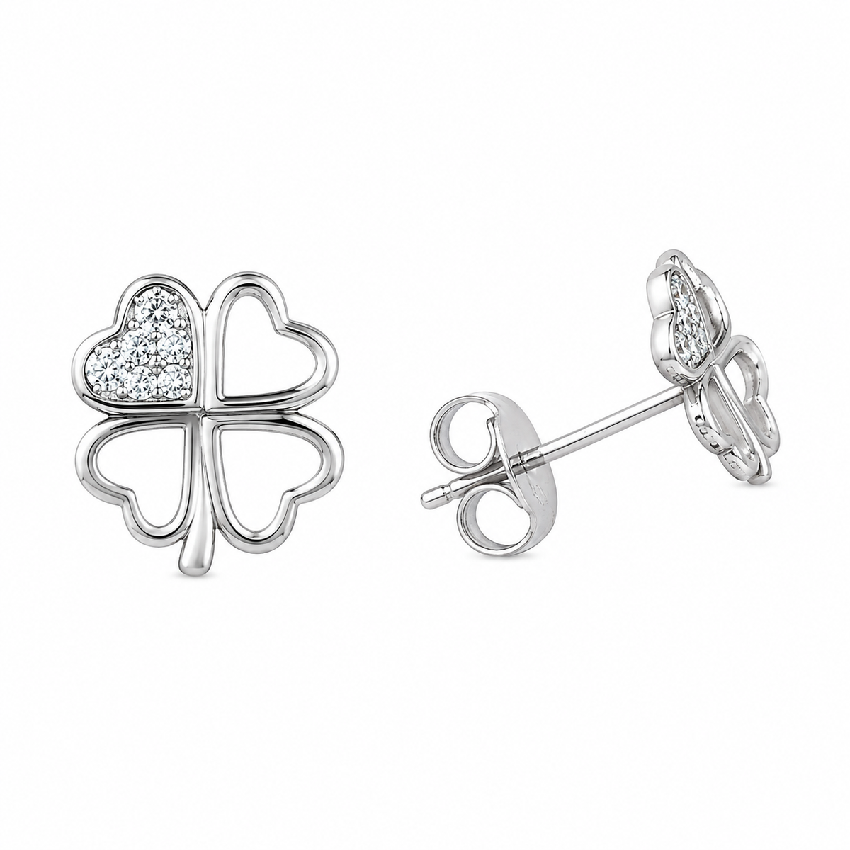 Sterling Silver Four Leaf Clover Good Luck White CZ Stud Earrings