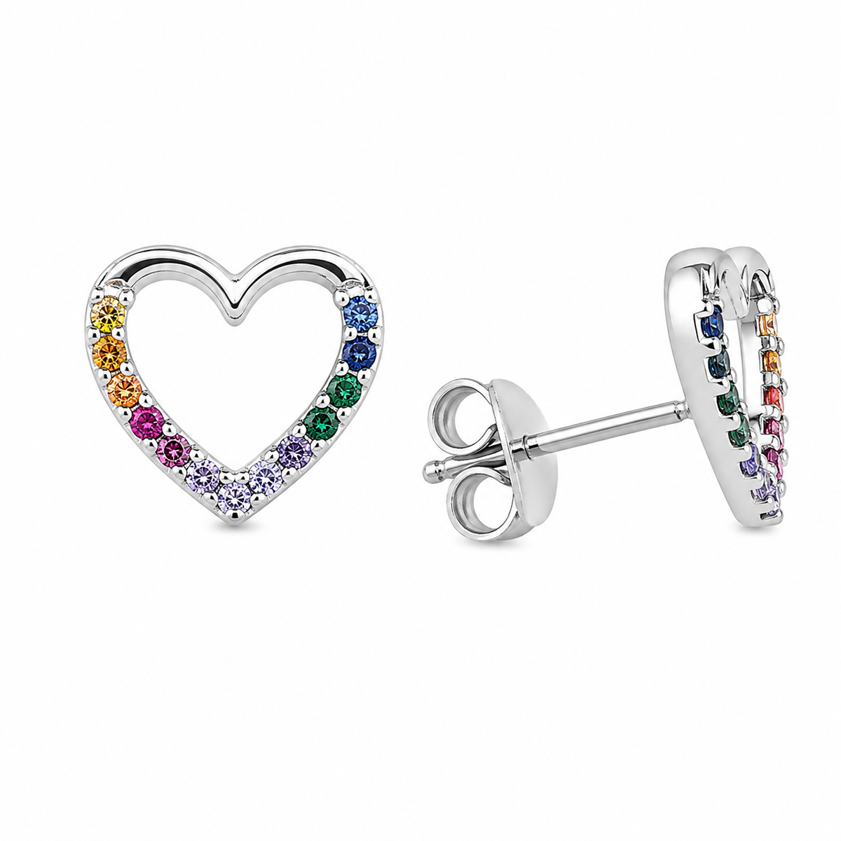 Sterling Silver Rainbow CZ Love Heart Colorful Stud Earrings