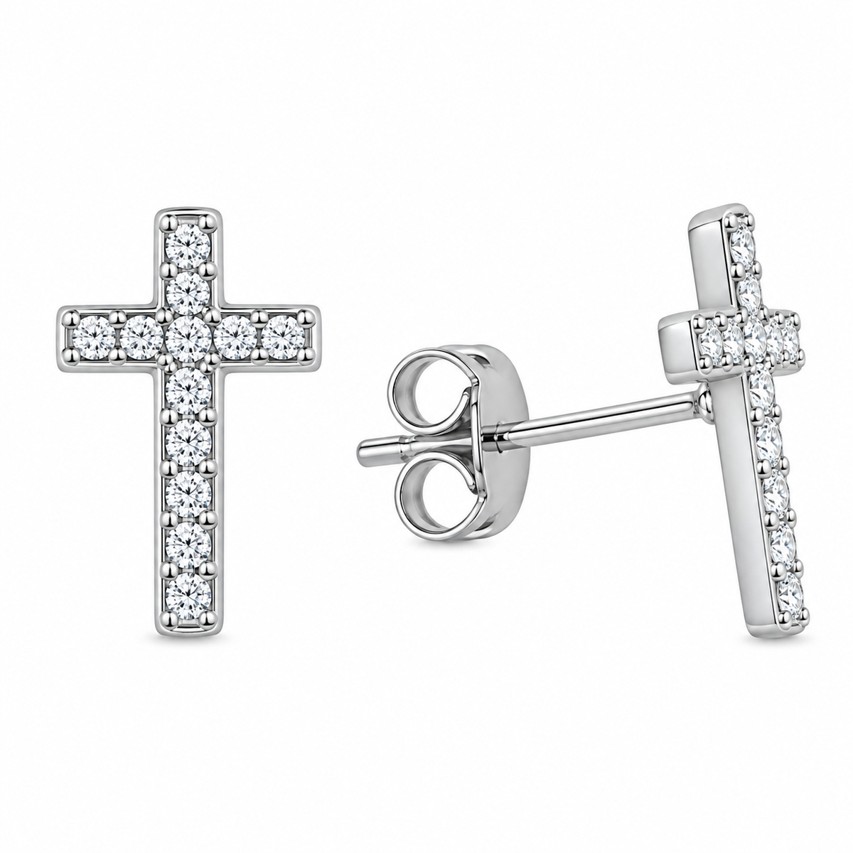Sterling Silver Cross Jesus Christian Clear CZ Stud Earrings