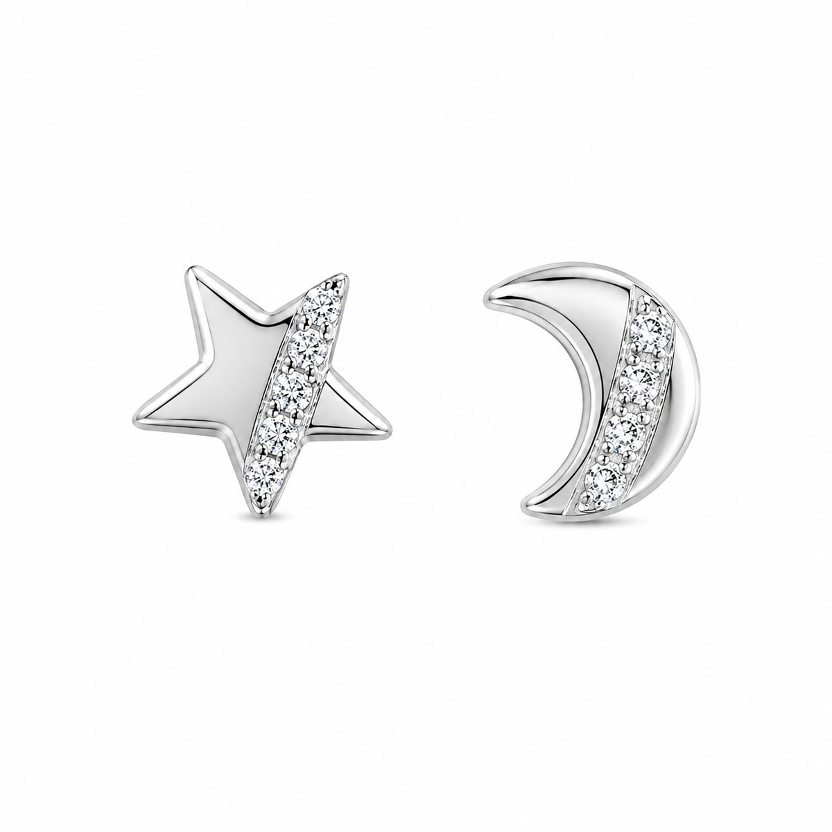 Sterling Silver Moon Star Clear CZ Flat Stud Earrings