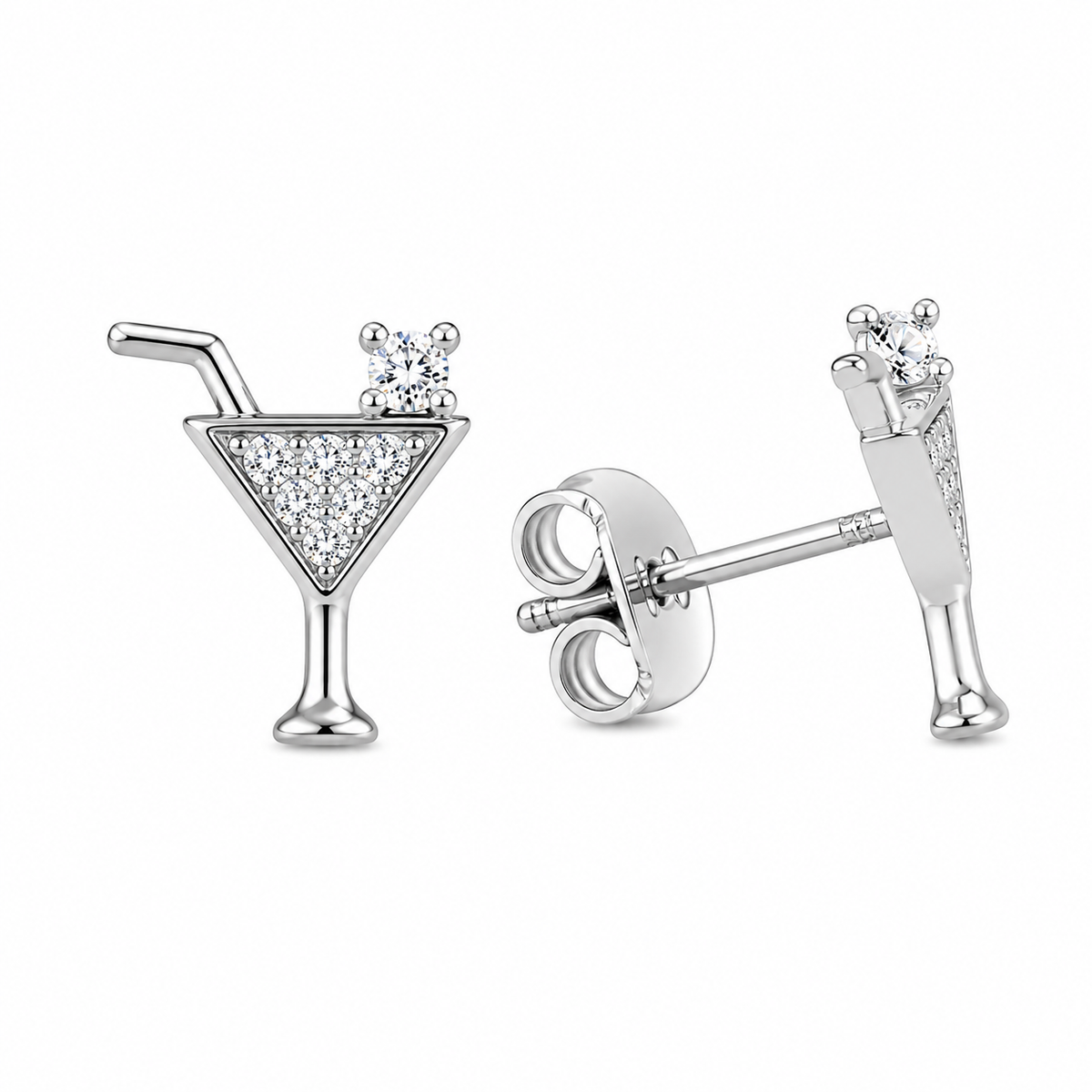 Sterling Silver Martini Glass Clear CZ Drinking Party Stud Earrings
