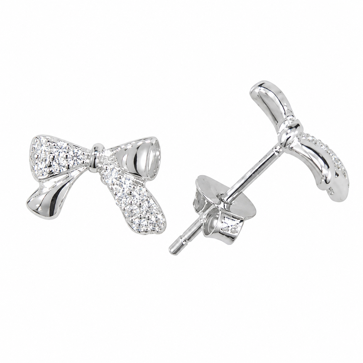 Sterling Silver Ribbon Stud Gift Clear CZ Earrings