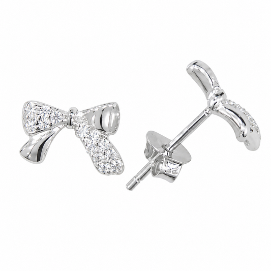 Sterling Silver Ribbon Stud Gift Clear CZ Earrings