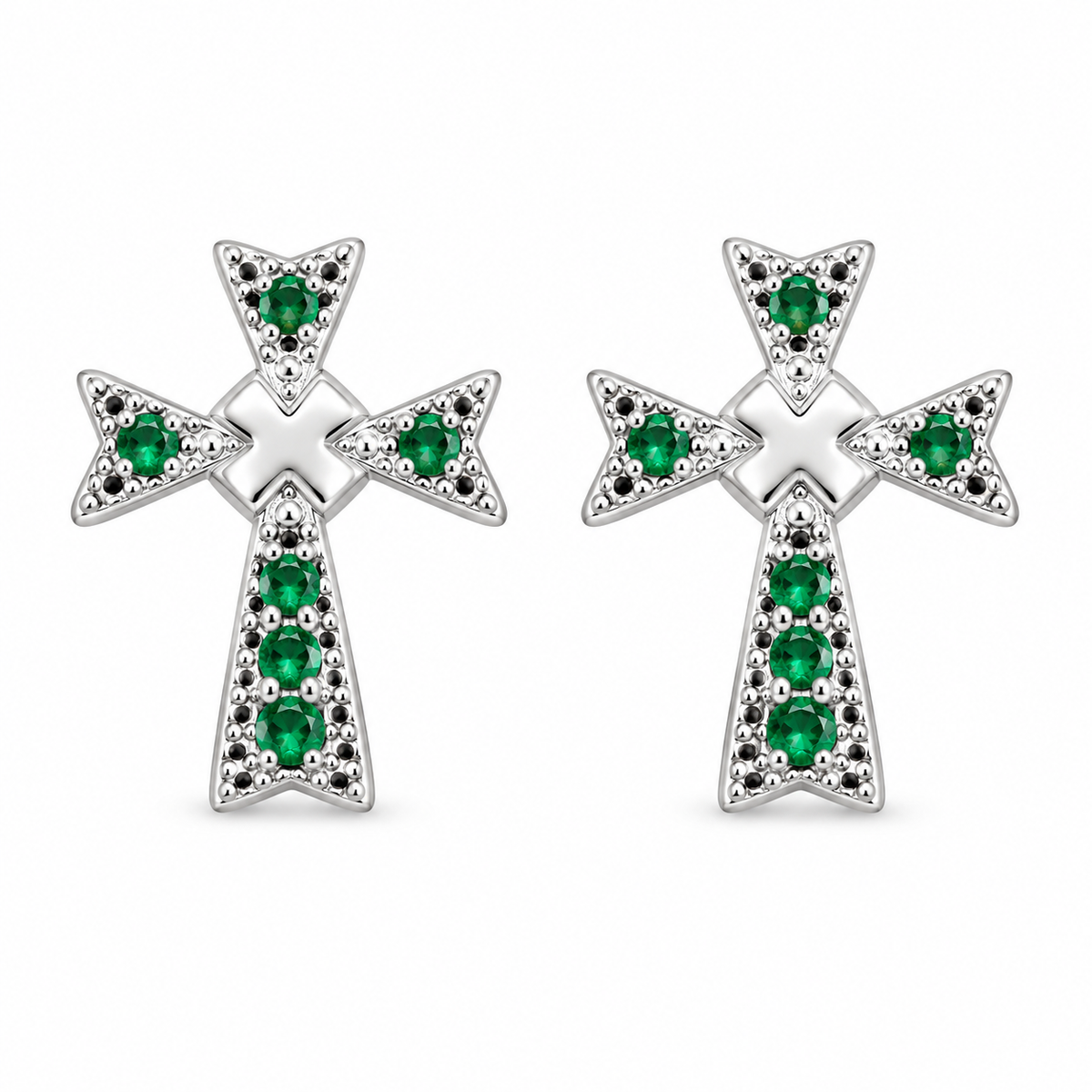 Sterling Silver Green CZ Irish Design Cross Christian Stud Earrings