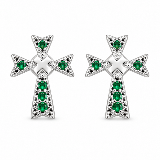 Sterling Silver Green CZ Irish Design Cross Christian Stud Earrings