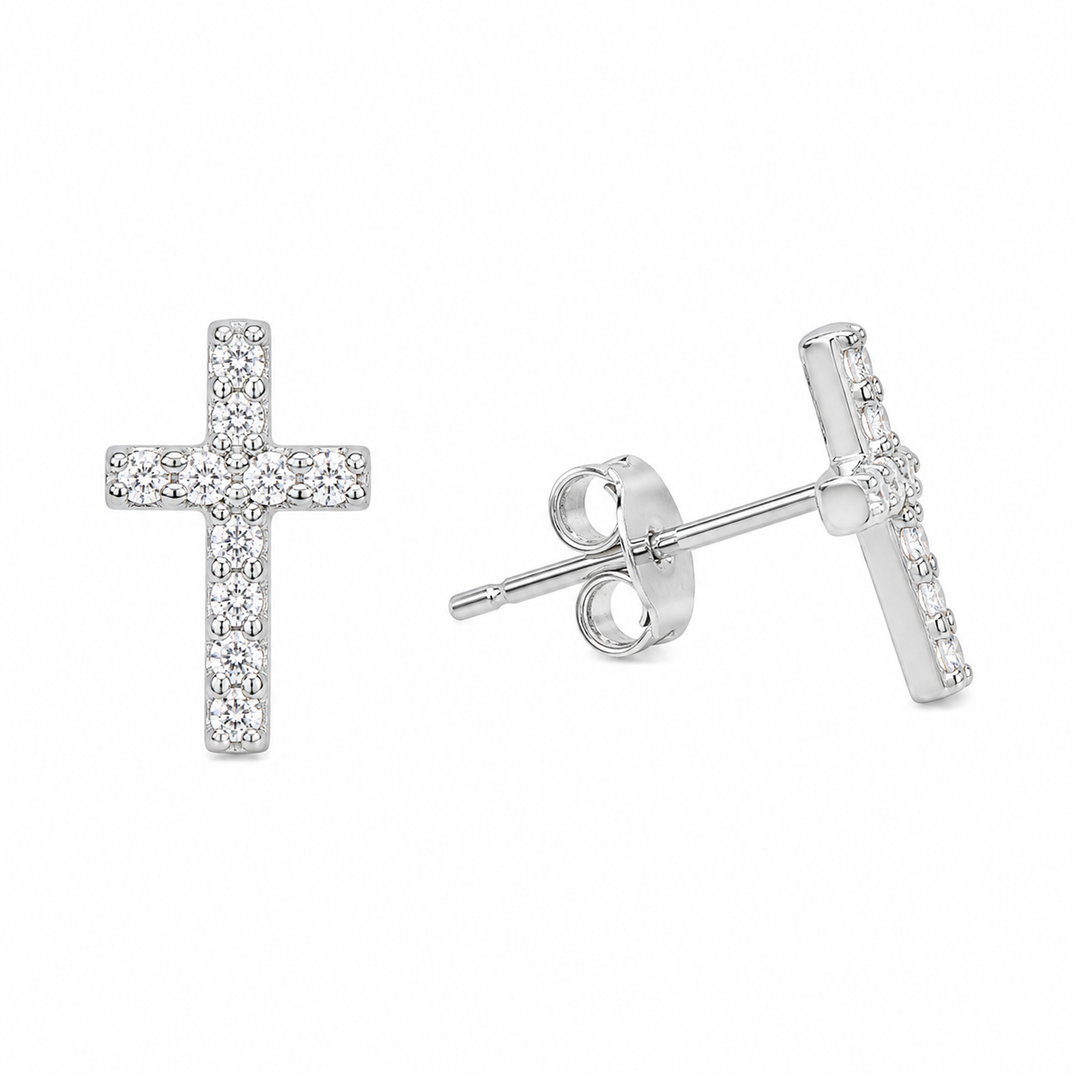 Sterling Silver Cross Christian Clear CZ Stud Earrings