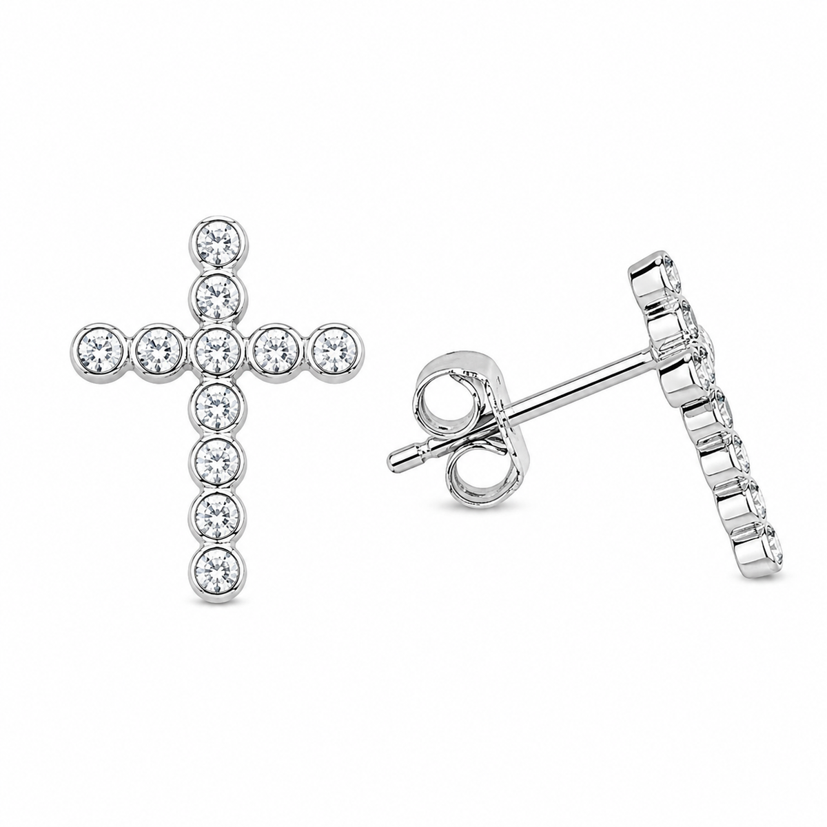 Sterling Silver Cross Christian Clear CZ Stud Earrings