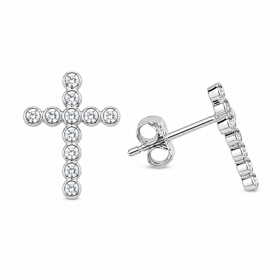 Sterling Silver Cross Christian Clear CZ Stud Earrings