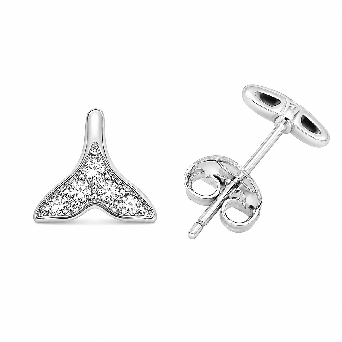 Sterling Silver Whale Tail Fish Animal Ocean Clear CZ Stud Earrings