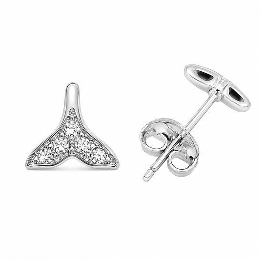 Sterling Silver Whale Tail Fish Animal Ocean Clear CZ Stud Earrings