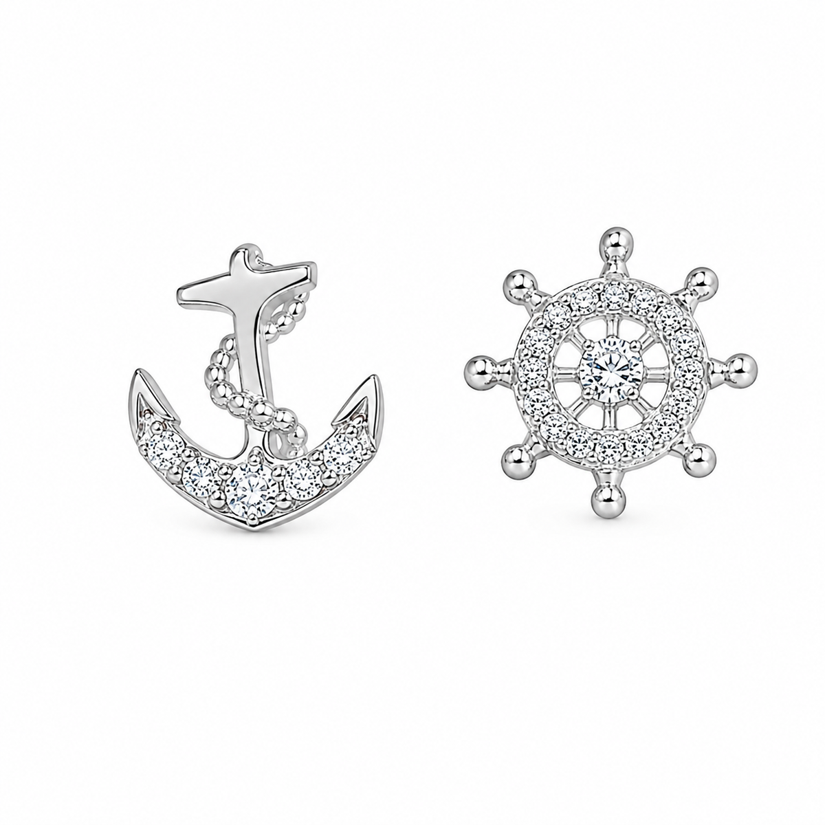 Sterling Silver Anchor Ship Captains Wheel Nautical Sailing Stud CZ Earrings