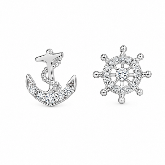 Sterling Silver Anchor Ship Captains Wheel Nautical Sailing Stud CZ Earrings