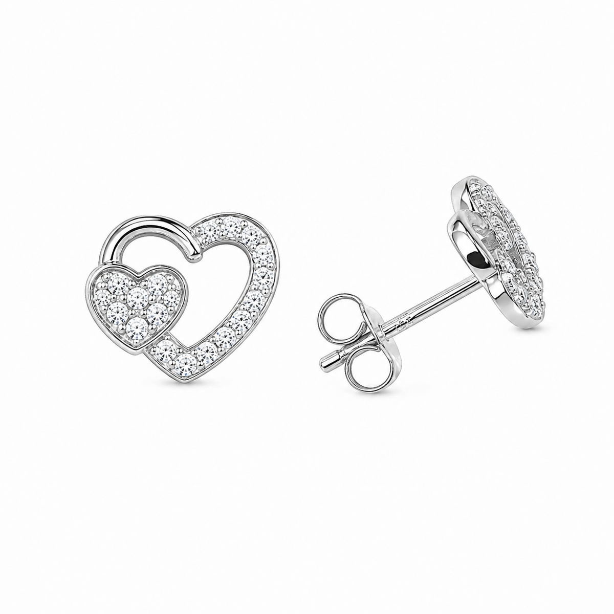 Sterling Silver Double Heart Clear CZ Love Promise Stud Earrings