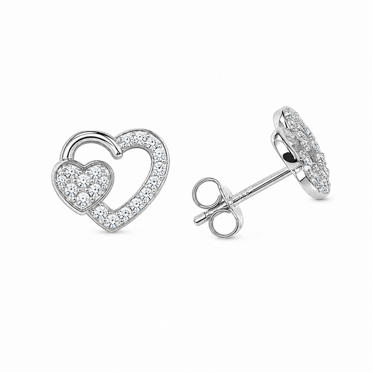 Sterling Silver Double Heart Clear CZ Love Promise Stud Earrings
