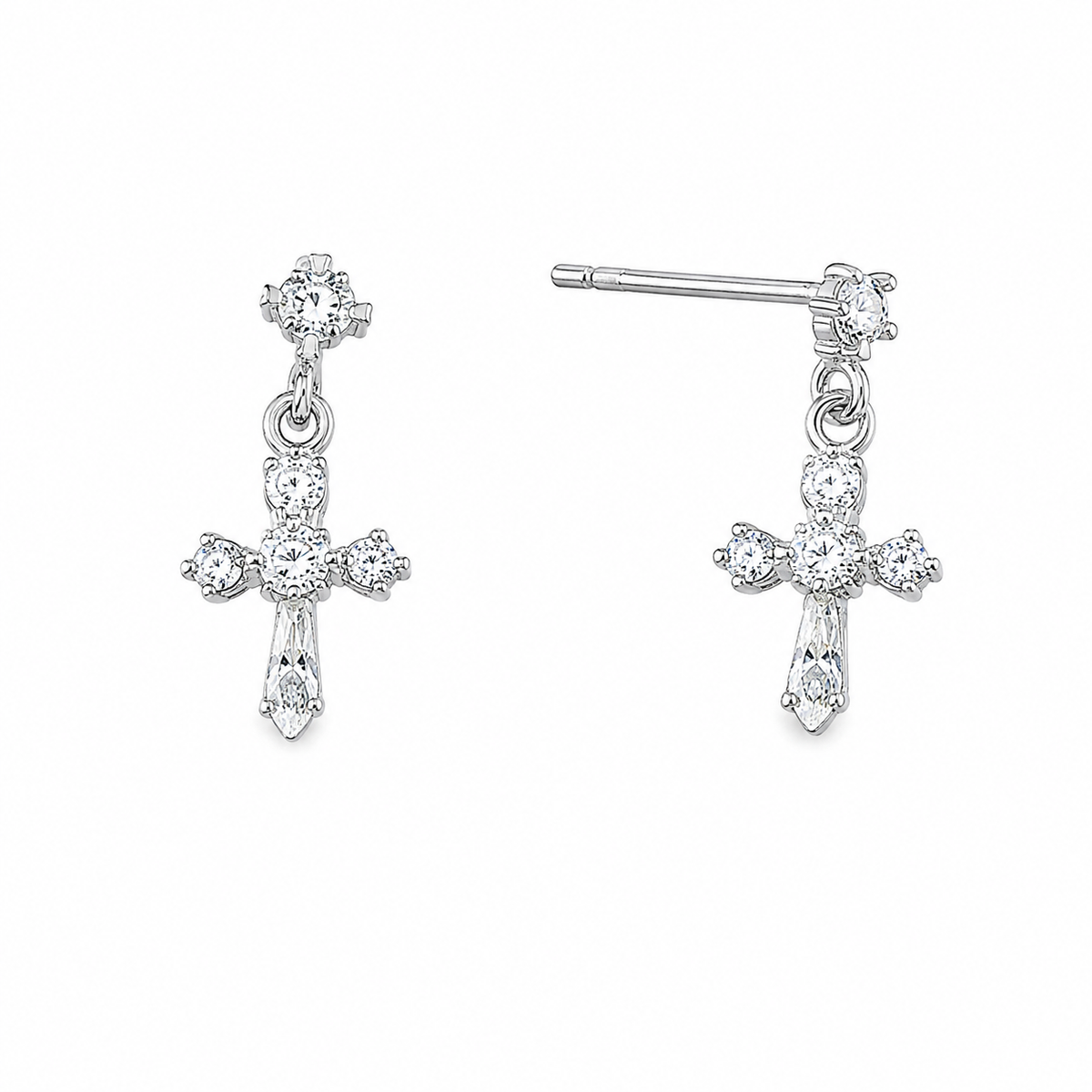 Sterling Silver Cross Christian Clear CZ Hanging Earrings
