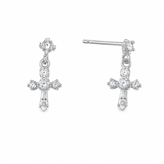 Sterling Silver Cross Christian Clear CZ Hanging Earrings