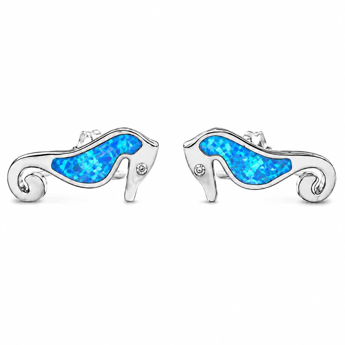 Sterling Silver Synthetic Blue Opal Seahorse Ocean Marine Animal Stud Earrings