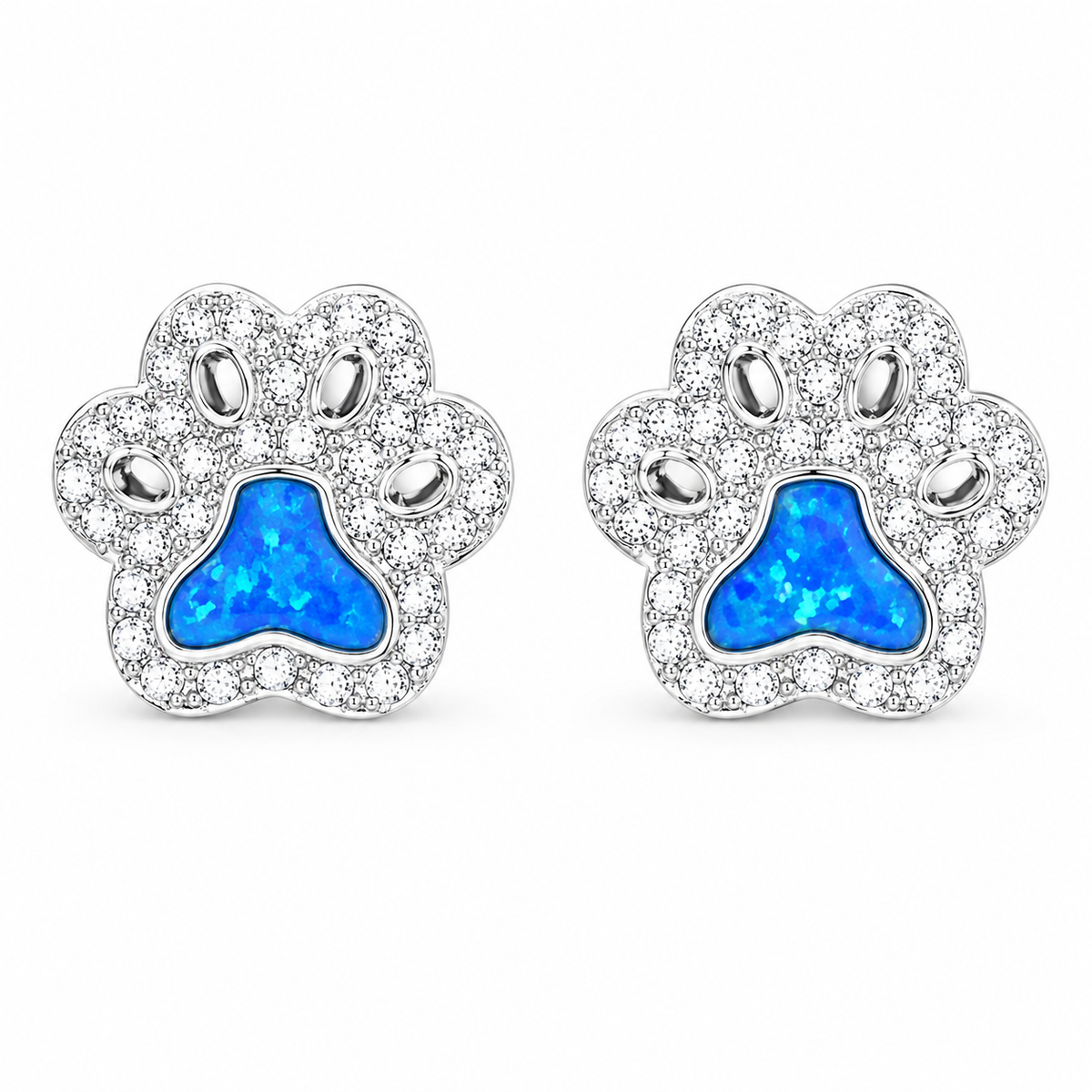 Sterling Silver Paw Print Synthetic Blue Opal Clear CZ Animal Stud Earrings