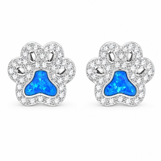 Sterling Silver Paw Print Synthetic Blue Opal Clear CZ Animal Stud Earrings