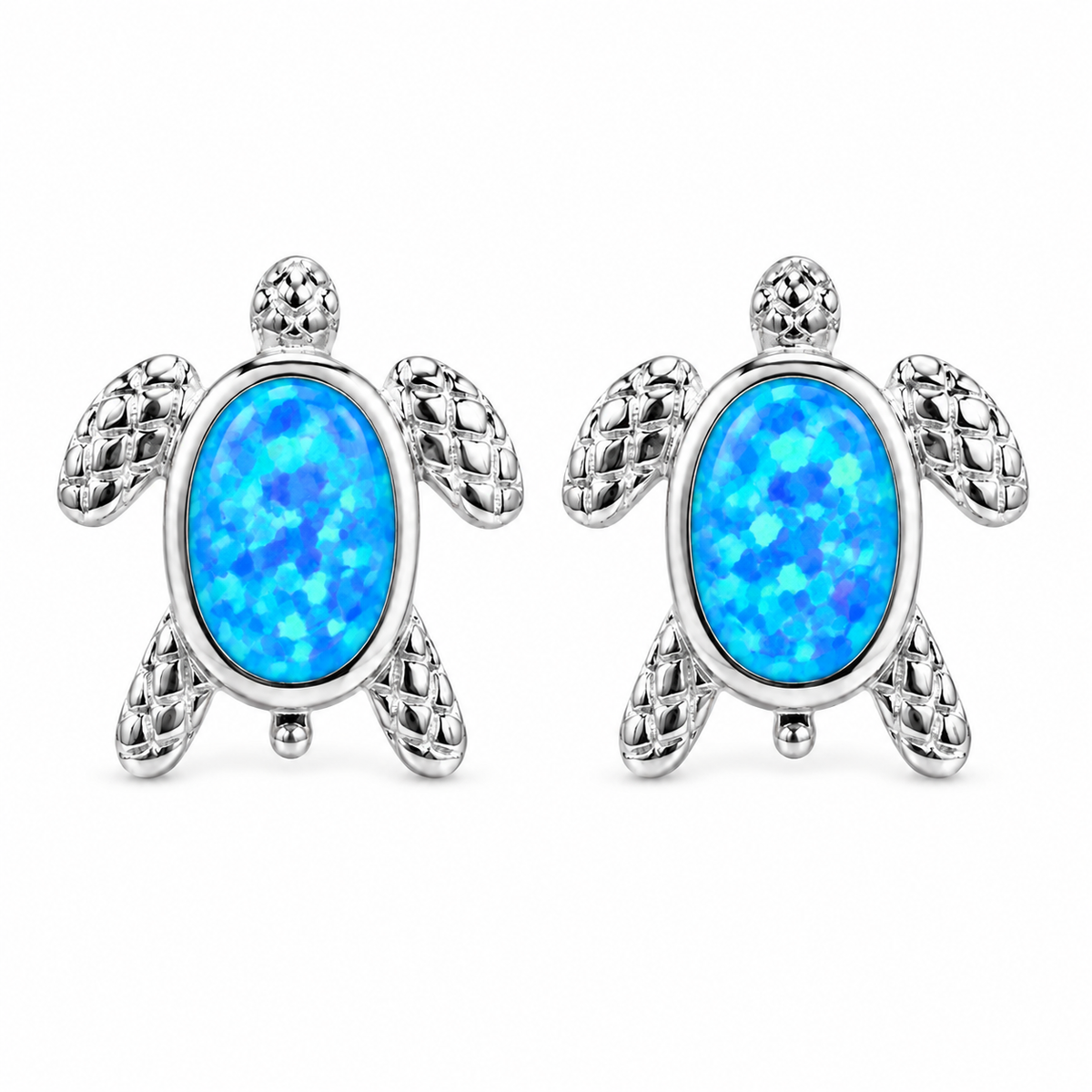 Sterling Silver Ocean Sea Turtle Synthetic Blue Opal Textured Stud Earrings