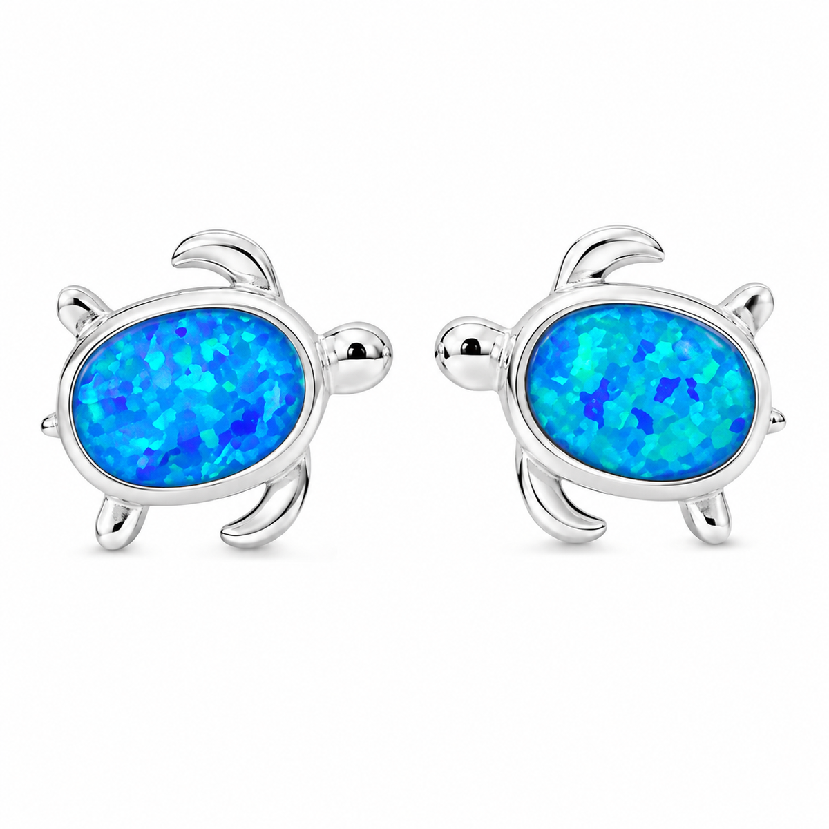 Sterling Silver Ocean Sea Turtle Synthetic Blue Opal Smooth Stud Earrings