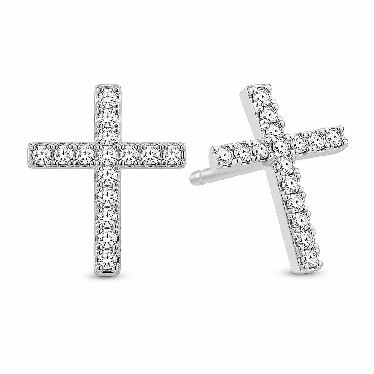 Sterling Silver Cross Christian Clear CZ Stud Earrings