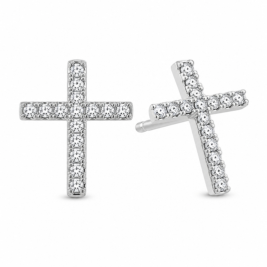 Sterling Silver Cross Christian Clear CZ Stud Earrings