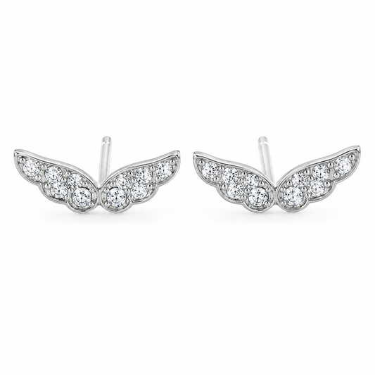 Sterling Silver Angel Wing Biker Clear CZ Fairy Stud Earrings