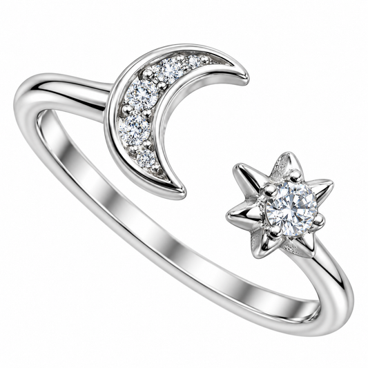 Sterling Silver Moon Star Clear CZ Open Adjustable Toe Ring
