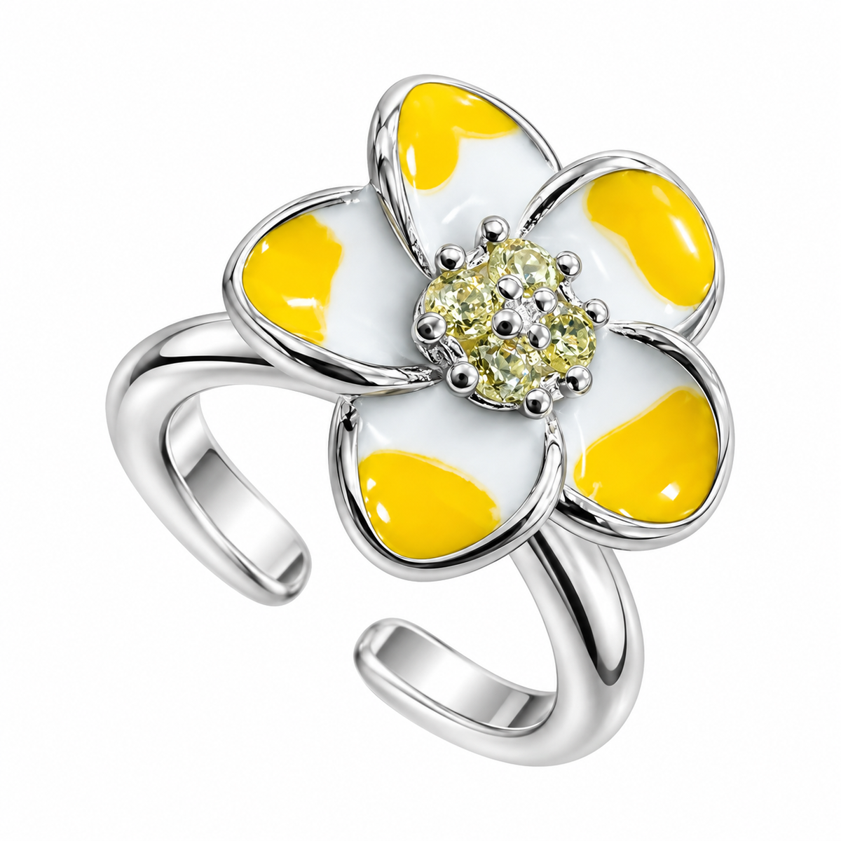 Sterling Silver Yellow Enamel Golden CZ Flower Open Adjustable Toe Ring
