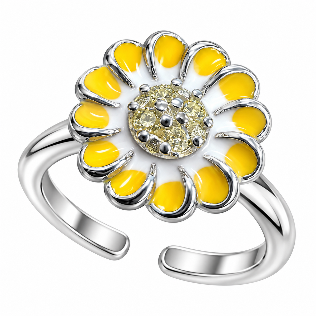 Sterling Silver Yellow Enamel Golden CZ Flower Open Adjustable Toe Ring
