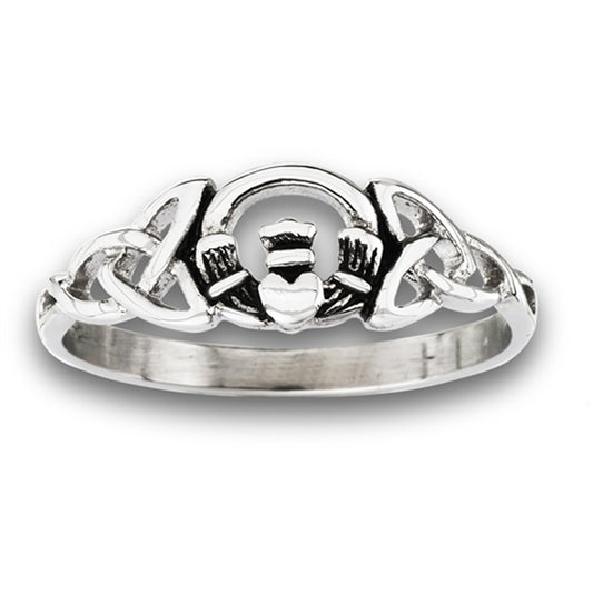 Stainless Steel Celtic Claddagh Ring with Side Triquetras
