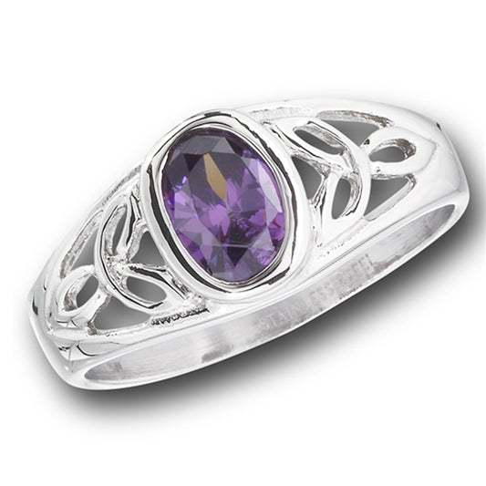 Stainless Steel Celtic Ring With Amethyst CZ And Triquetra Accents