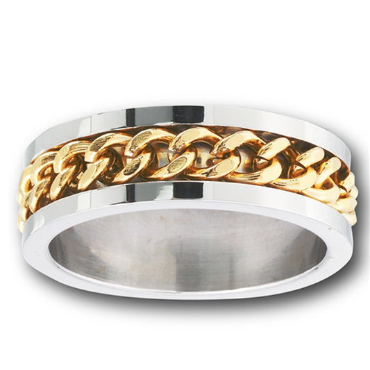 Stainless Steel Ring with Gold-tone Chain