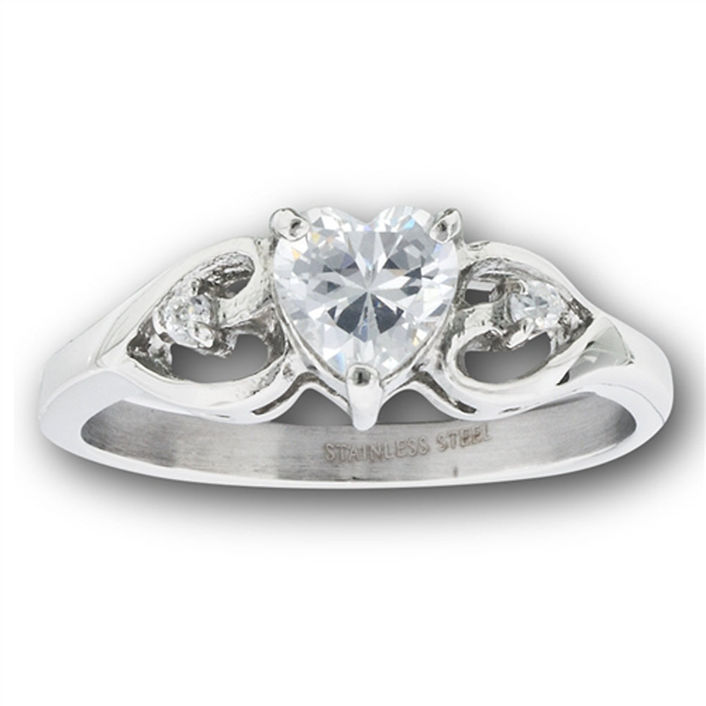 Stainless Steel Triple Heart Ring With Center And Side Clear CZs
