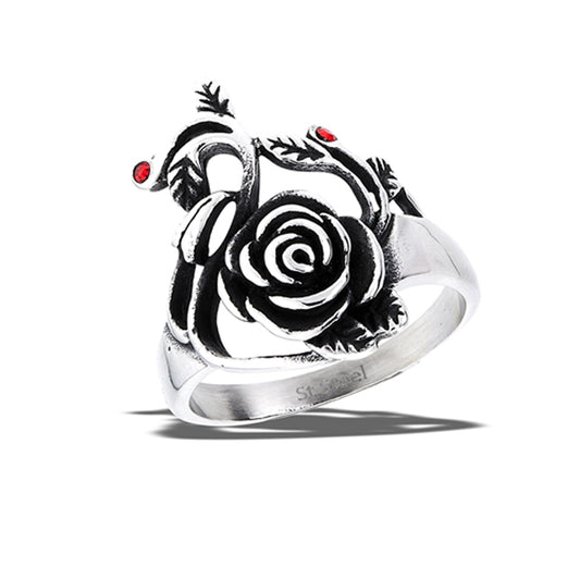 Stainless Steel Rose Ring With Two Red CZS