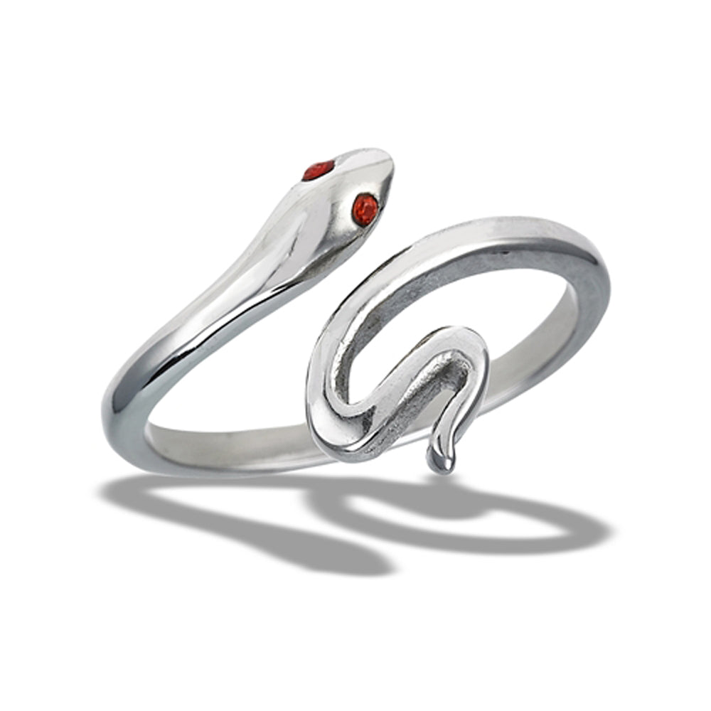 Stainless Steel High Polish Snake Ring With Red CZ Eyes
