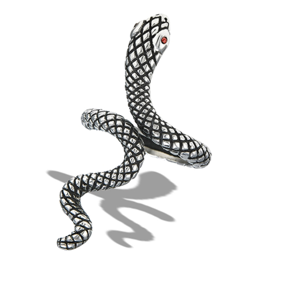 Stainless Steel Slithering Snake Ring With Red CZ Eyes