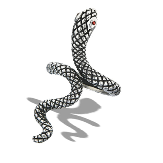 Stainless Steel Slithering Snake Ring With Red CZ Eyes